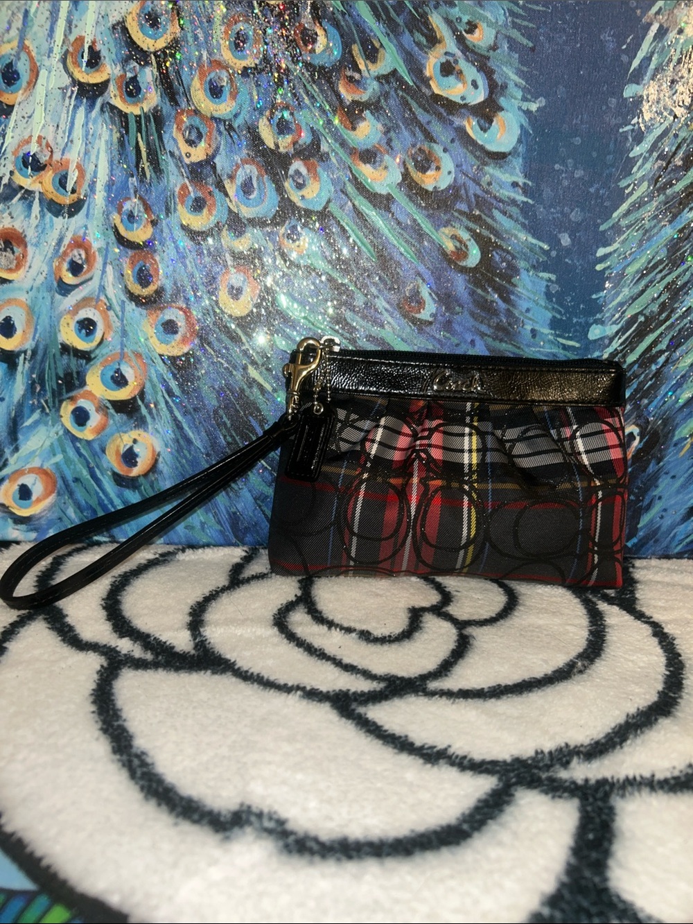 Coach Plaid Signature Wristlet in Red, Black and Tan